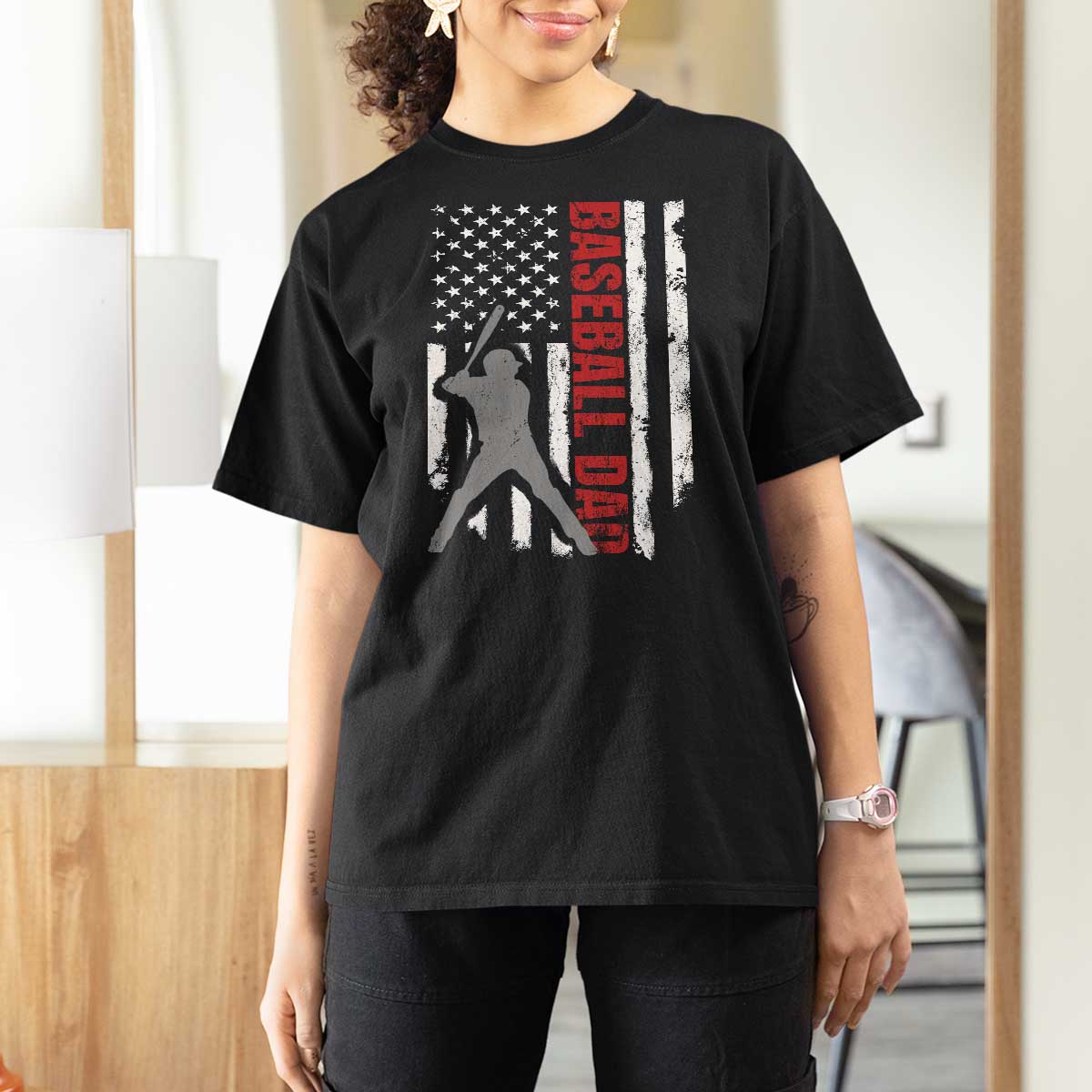 Baseball Dad T Shirt For Women Retro US Flag Fathers Day Baseball Player - Wonder Print Shop