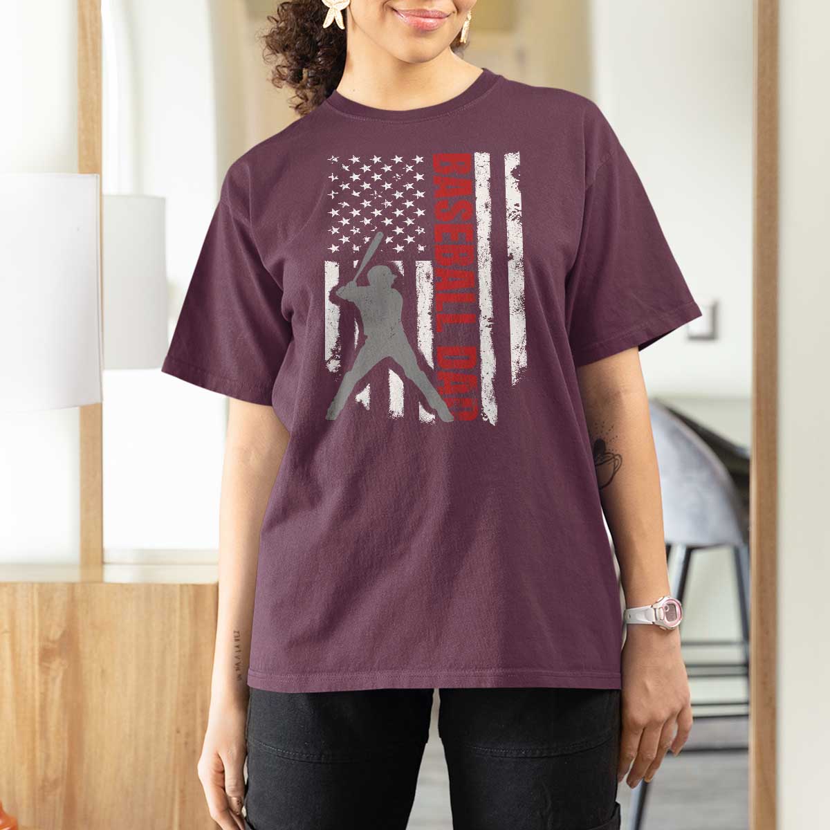 Baseball Dad T Shirt For Women Retro US Flag Fathers Day Baseball Player - Wonder Print Shop
