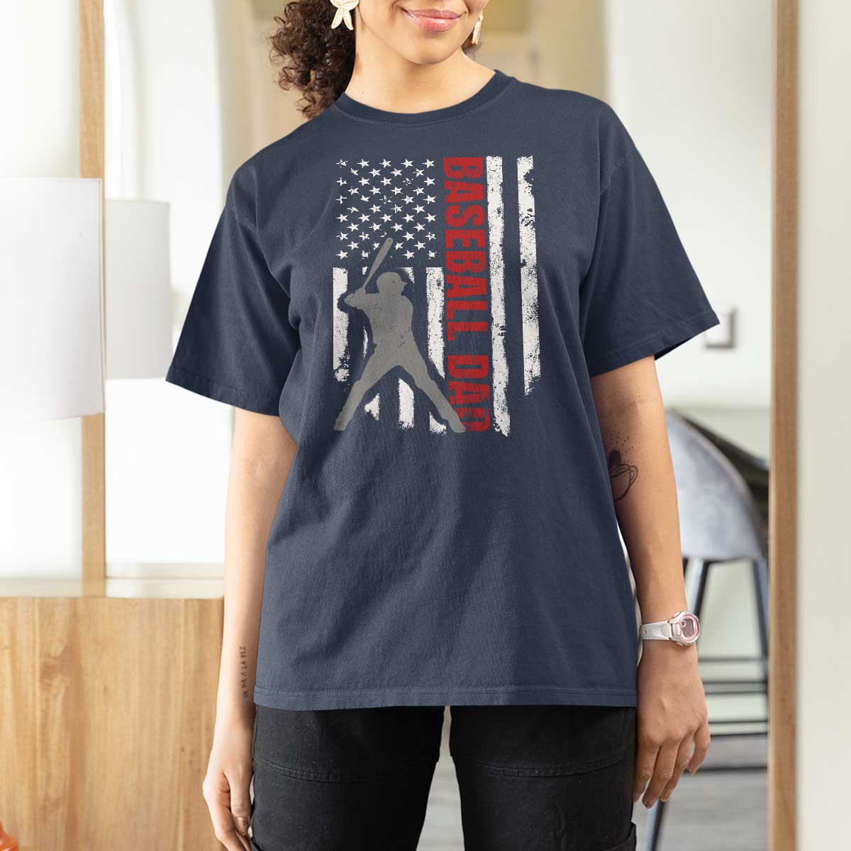 Baseball Dad T Shirt For Women Retro US Flag Fathers Day Baseball Player - Wonder Print Shop
