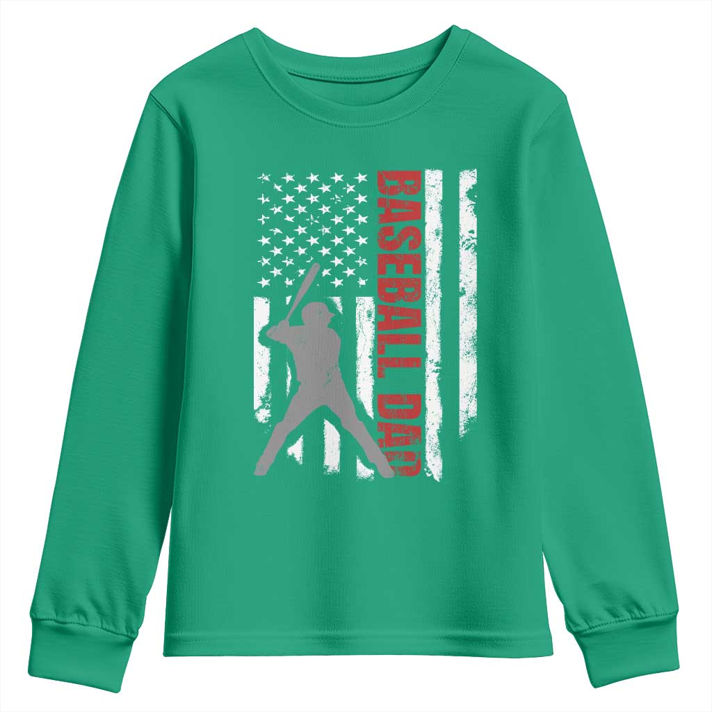 Baseball Dad Youth Sweatshirt Retro US Flag Fathers Day Baseball Player - Wonder Print Shop