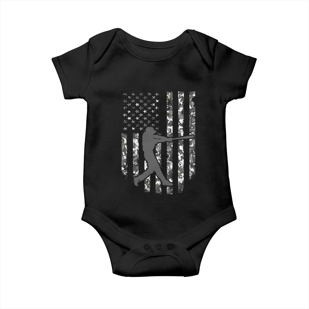 Camo US Flag Baseball Player Baby Onesie Retro Camouflage American Flag Patriotic - Wonder Print Shop