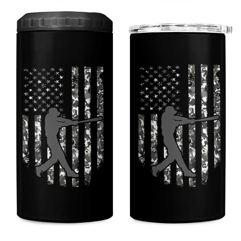 Camo US Flag Baseball Player 4 in 1 Can Cooler Tumbler Retro Camouflage American Flag Patriotic - Wonder Print Shop