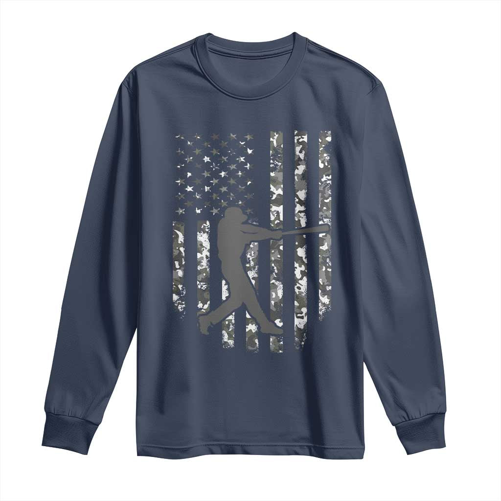 Camo US Flag Baseball Player Long Sleeve Shirt Retro Camouflage American Flag Patriotic - Wonder Print Shop
