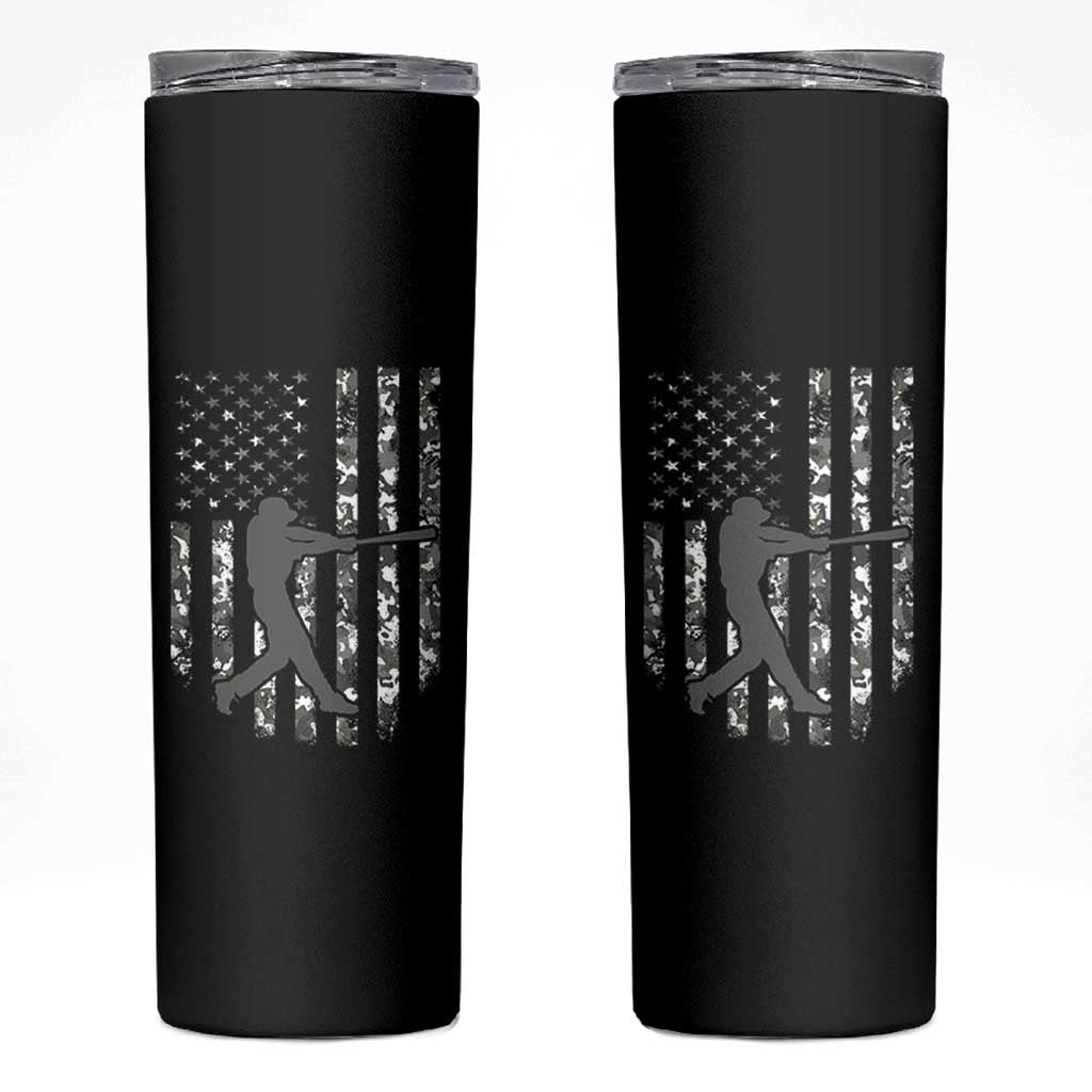 Camo US Flag Baseball Player Skinny Tumbler Retro Camouflage American Flag Patriotic - Wonder Print Shop