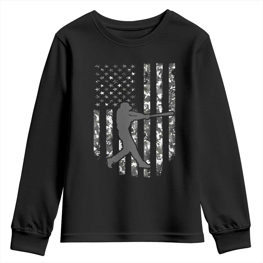 Camo US Flag Baseball Player Youth Sweatshirt Retro Camouflage American Flag Patriotic - Wonder Print Shop