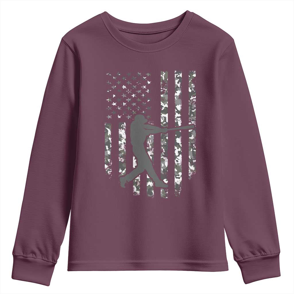 Camo US Flag Baseball Player Youth Sweatshirt Retro Camouflage American Flag Patriotic - Wonder Print Shop