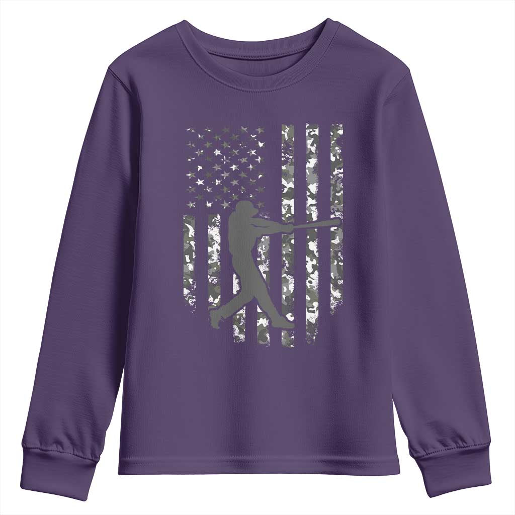 Camo US Flag Baseball Player Youth Sweatshirt Retro Camouflage American Flag Patriotic - Wonder Print Shop