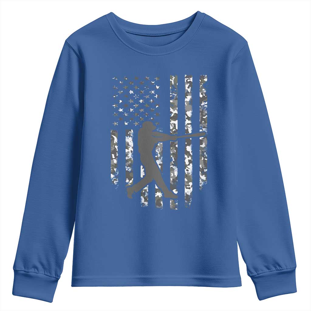 Camo US Flag Baseball Player Youth Sweatshirt Retro Camouflage American Flag Patriotic - Wonder Print Shop
