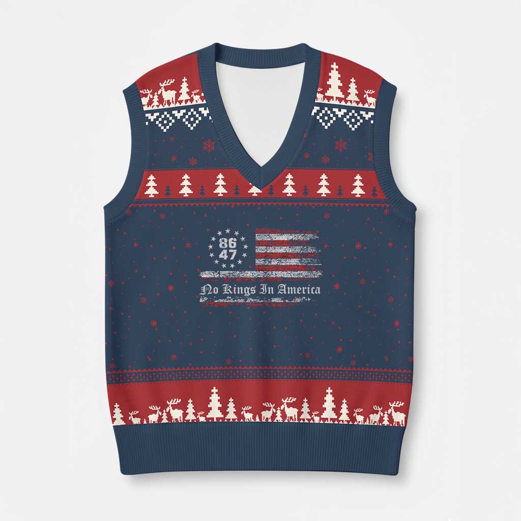 No Kings in America V-Neck Knit Sweater Vest 86 47 US Flag Impeach 47 - Wonder Print Shop