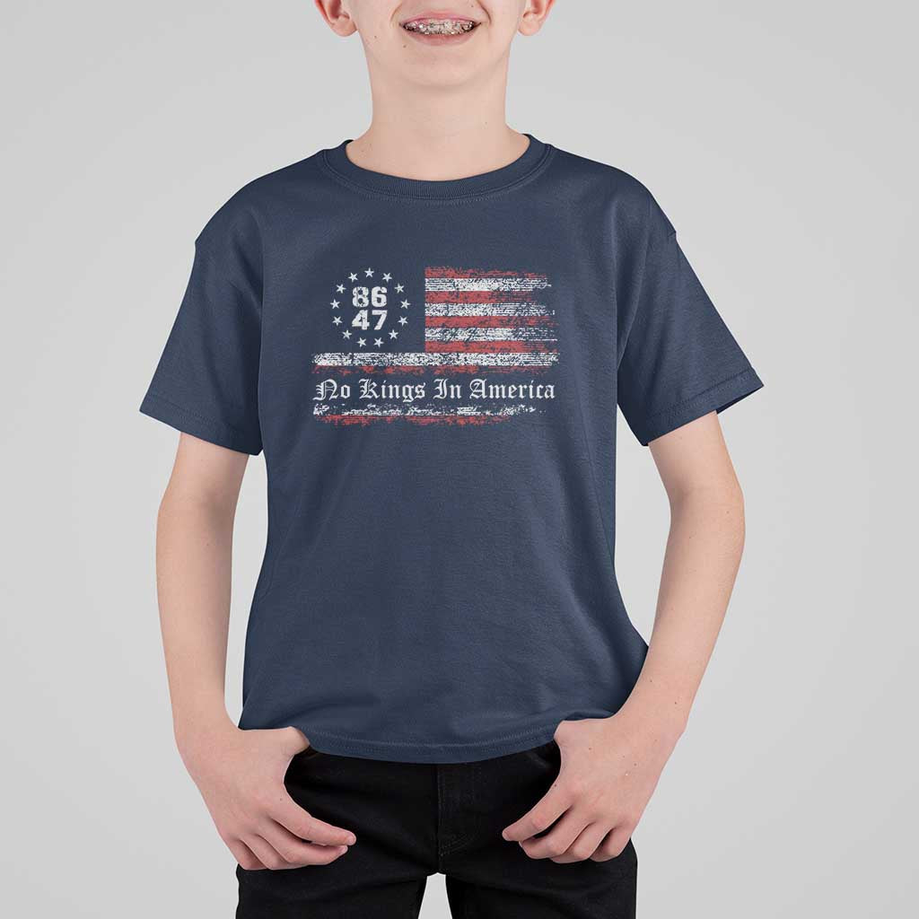 No Kings in America T Shirt For Kid 86 47 US Flag Impeach 47