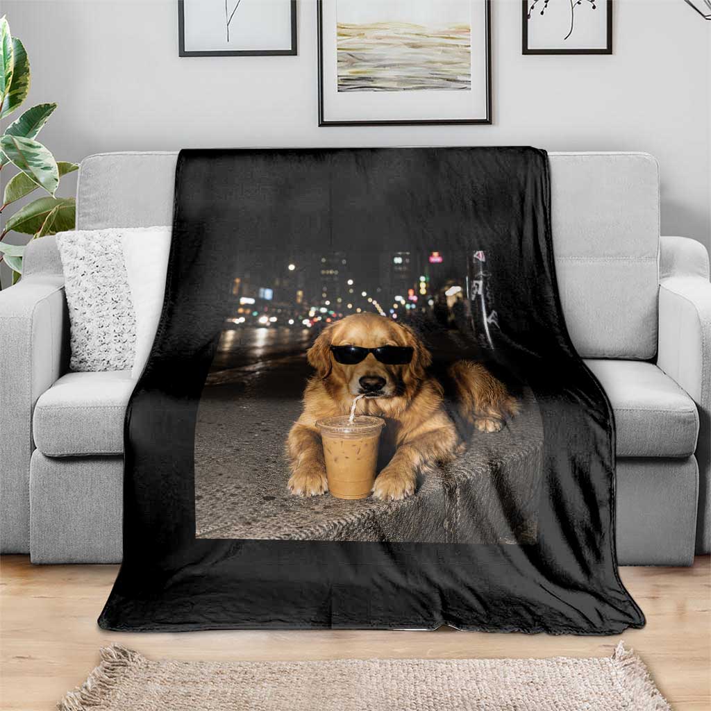 Funny Golden Retriever Iced Coffee Throw Blanket Grunge Silly Meme Graphic Funny Dog Lover