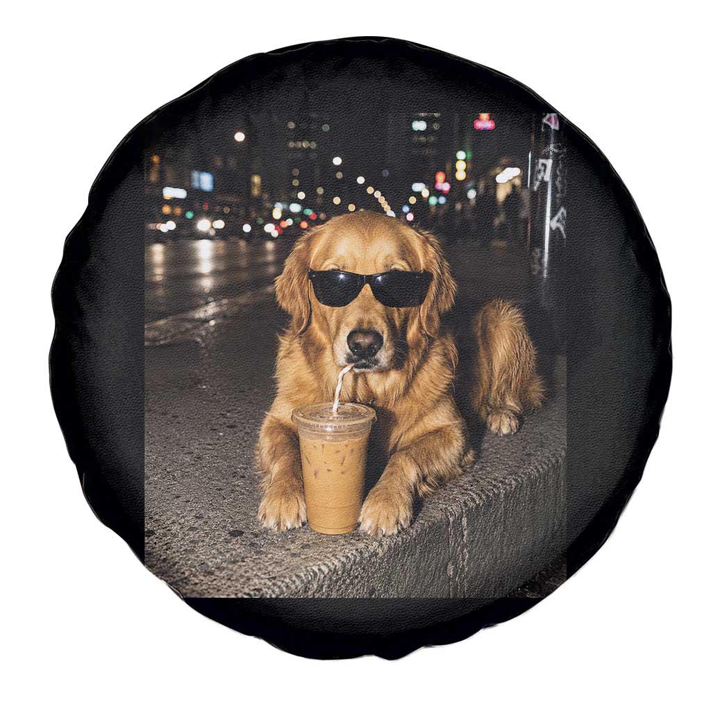 Funny Golden Retriever Iced Coffee Spare Tire Cover Grunge Silly Meme Graphic Funny Dog Lover