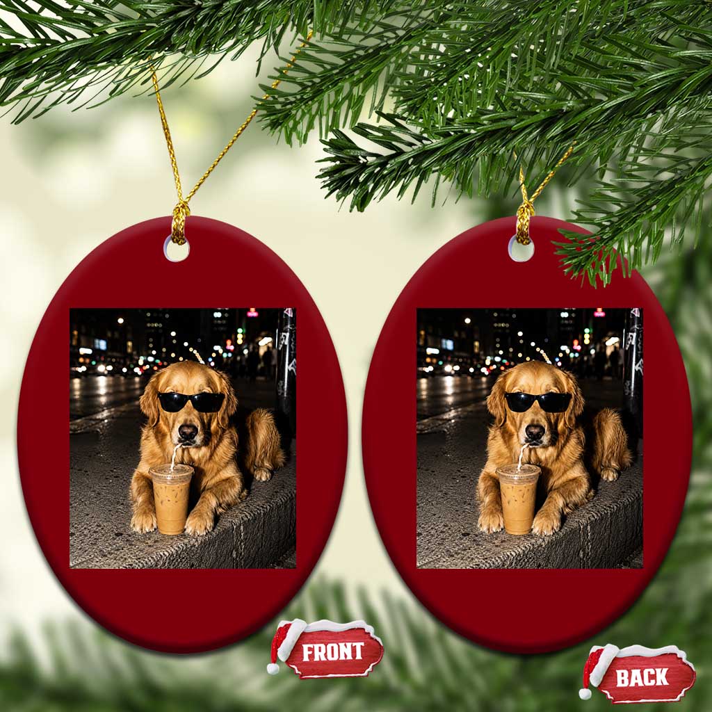 Funny Golden Retriever Iced Coffee Ceramic Ornament Grunge Silly Meme Graphic Funny Dog Lover