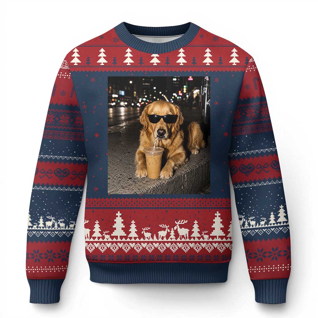 Funny Golden Retriever Iced Coffee Ugly Christmas Sweater Grunge Silly Meme Graphic Funny Dog Lover