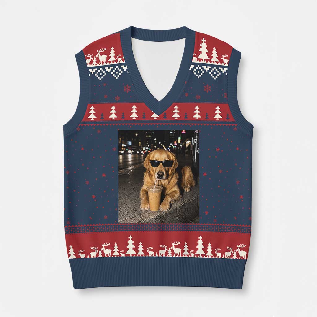 Funny Golden Retriever Iced Coffee V-Neck Knit Sweater Vest Grunge Silly Meme Graphic Funny Dog Lover