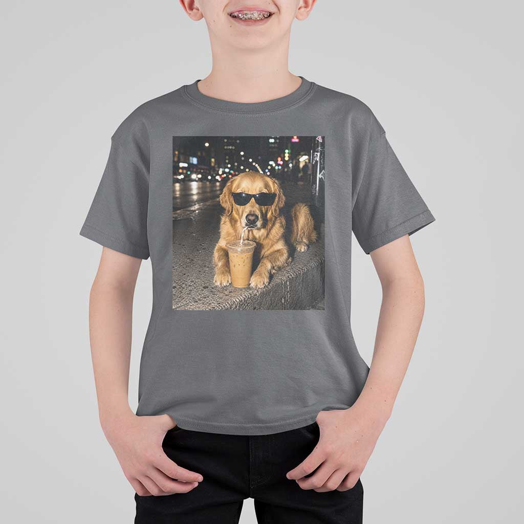 Funny Golden Retriever Iced Coffee T Shirt For Kid Grunge Silly Meme Graphic Funny Dog Lover