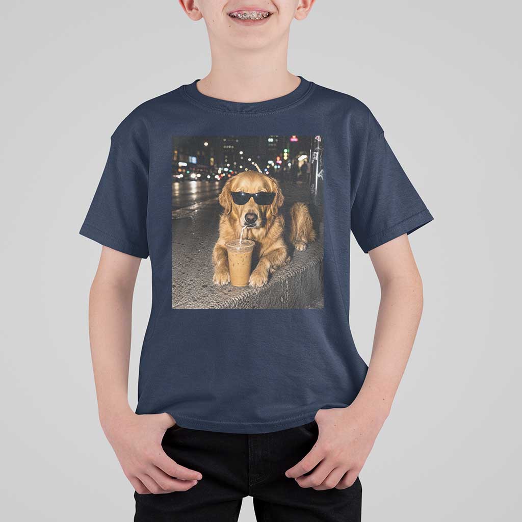 Funny Golden Retriever Iced Coffee T Shirt For Kid Grunge Silly Meme Graphic Funny Dog Lover