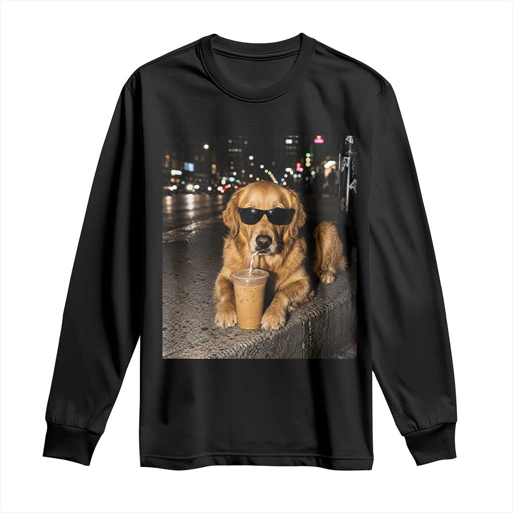 Funny Golden Retriever Iced Coffee Long Sleeve Shirt Grunge Silly Meme Graphic Funny Dog Lover