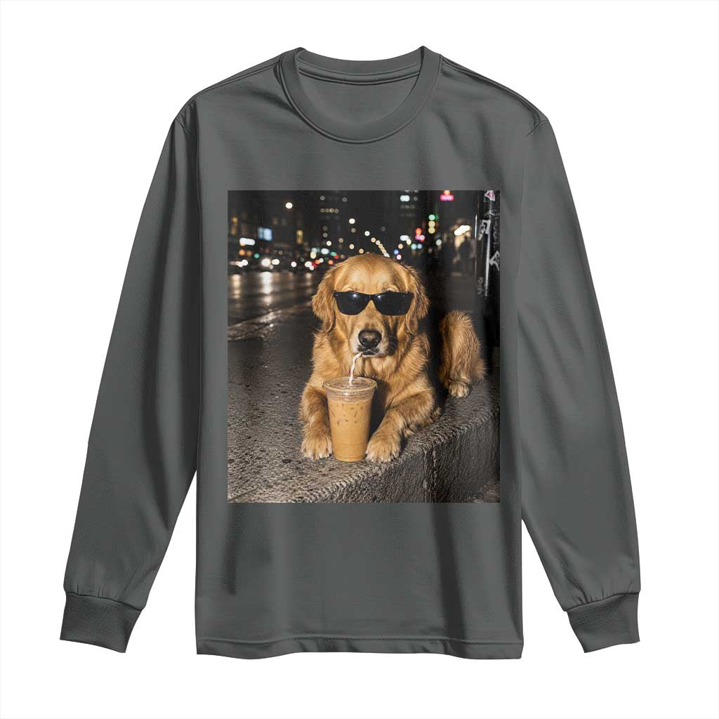 Funny Golden Retriever Iced Coffee Long Sleeve Shirt Grunge Silly Meme Graphic Funny Dog Lover