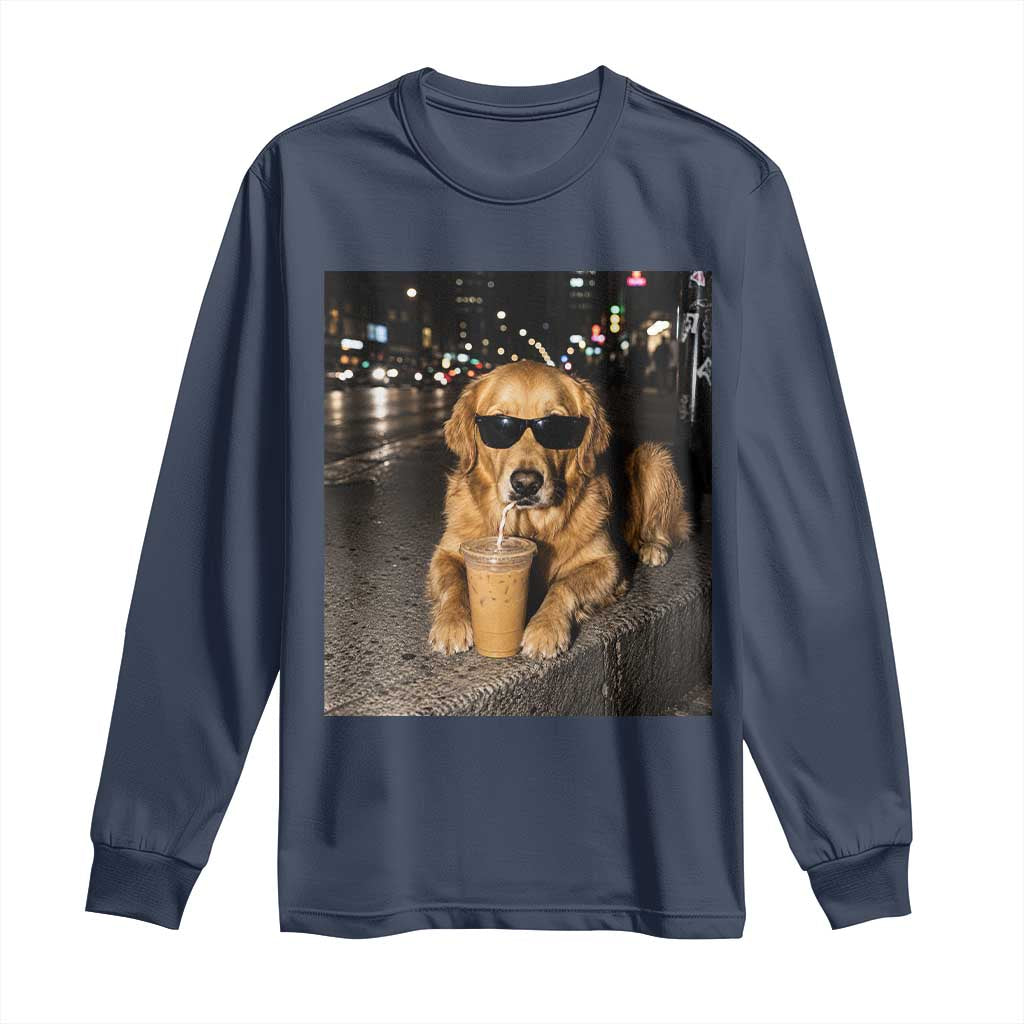 Funny Golden Retriever Iced Coffee Long Sleeve Shirt Grunge Silly Meme Graphic Funny Dog Lover