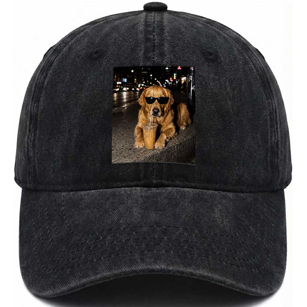 Funny Golden Retriever Iced Coffee Washed Cotton Baseball Cap Grunge Silly Meme Graphic Funny Dog Lover