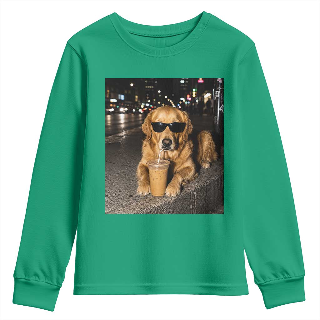 Funny Golden Retriever Iced Coffee Youth Sweatshirt Grunge Silly Meme Graphic Funny Dog Lover