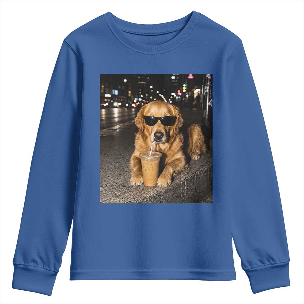 Funny Golden Retriever Iced Coffee Youth Sweatshirt Grunge Silly Meme Graphic Funny Dog Lover