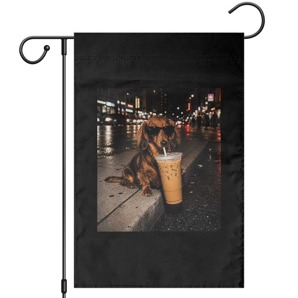Dachshund Iced Coffee Garden Flag Grunge Meme Graphic Funny Weiner Dog Lovers Dad