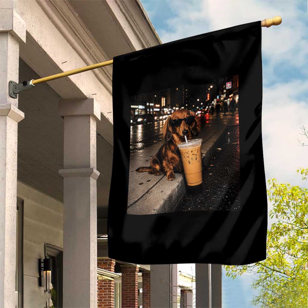 Dachshund Iced Coffee Garden Flag Grunge Meme Graphic Funny Weiner Dog Lovers Dad