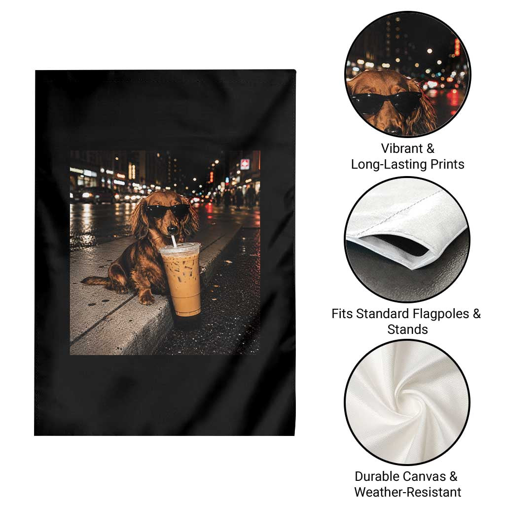 Dachshund Iced Coffee Garden Flag Grunge Meme Graphic Funny Weiner Dog Lovers Dad