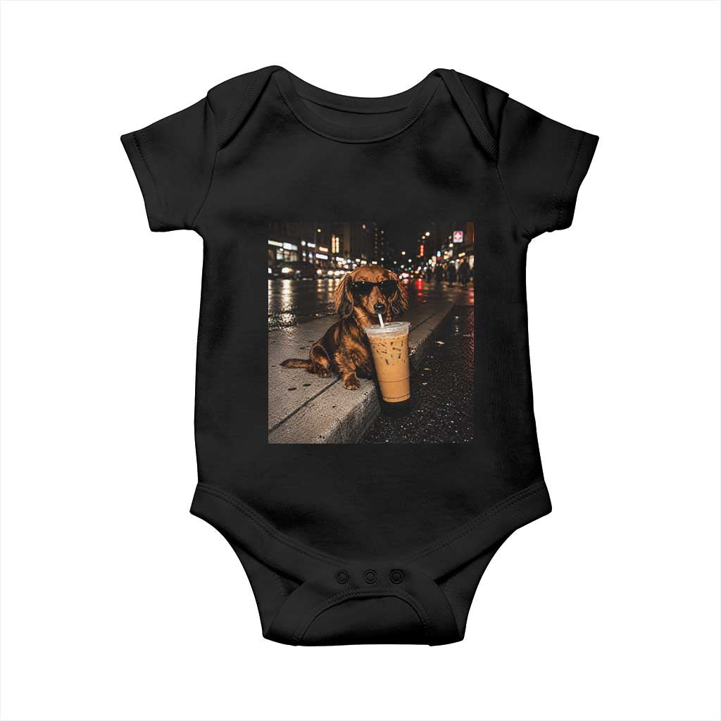 Dachshund Iced Coffee Baby Onesie Grunge Meme Graphic Funny Weiner Dog Lovers Dad