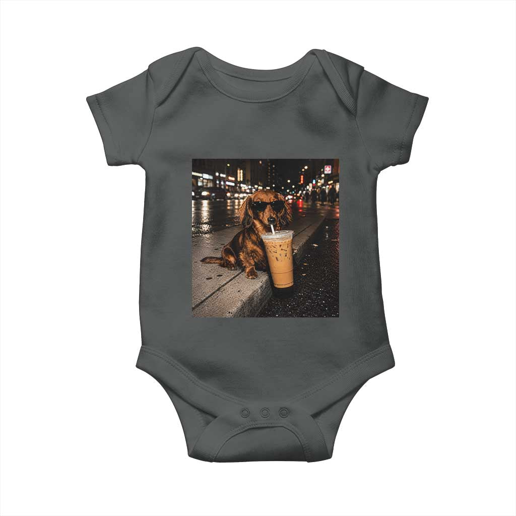 Dachshund Iced Coffee Baby Onesie Grunge Meme Graphic Funny Weiner Dog Lovers Dad