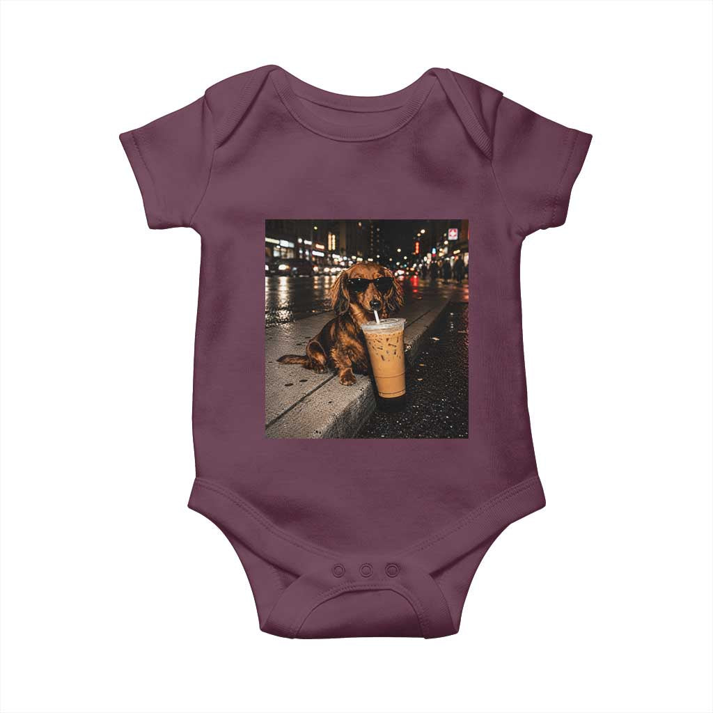 Dachshund Iced Coffee Baby Onesie Grunge Meme Graphic Funny Weiner Dog Lovers Dad