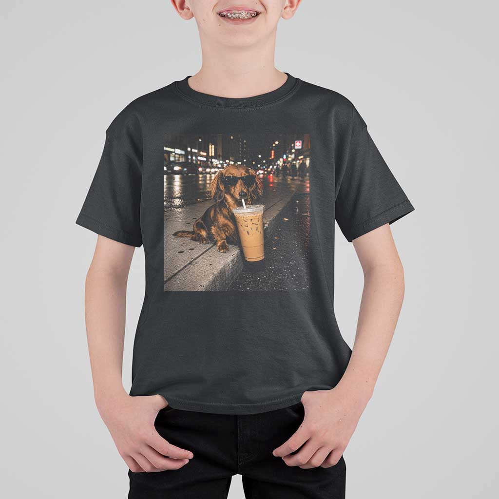 Dachshund Iced Coffee T Shirt For Kid Grunge Meme Graphic Funny Weiner Dog Lovers Dad