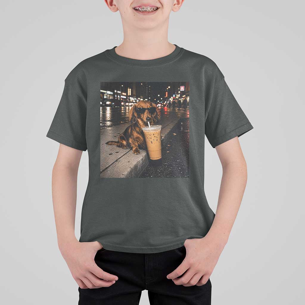 Dachshund Iced Coffee T Shirt For Kid Grunge Meme Graphic Funny Weiner Dog Lovers Dad