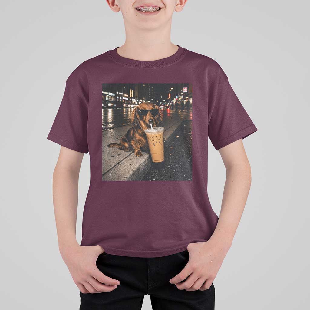 Dachshund Iced Coffee T Shirt For Kid Grunge Meme Graphic Funny Weiner Dog Lovers Dad