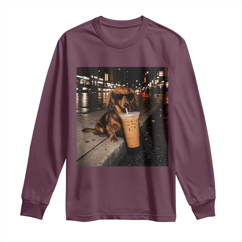 Dachshund Iced Coffee Long Sleeve Shirt Grunge Meme Graphic Funny Weiner Dog Lovers Dad