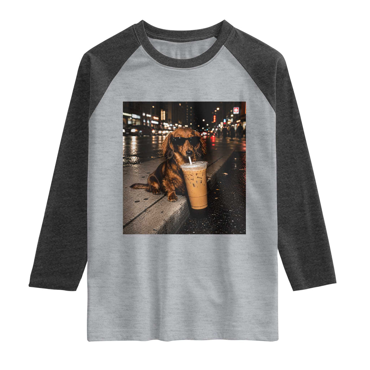 Dachshund Iced Coffee Raglan Shirt Grunge Meme Graphic Funny Weiner Dog Lovers Dad