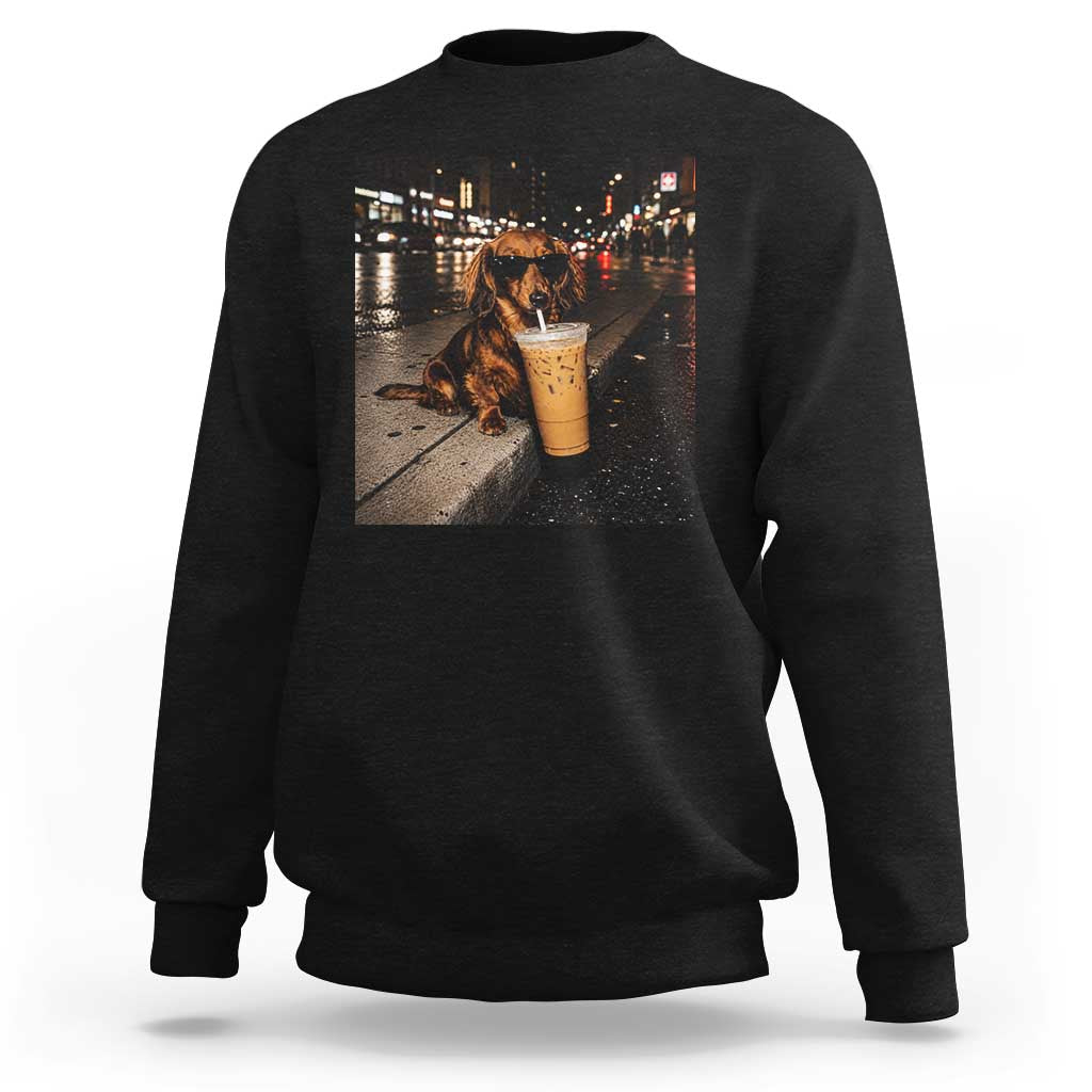 Dachshund Iced Coffee Sweatshirt Grunge Meme Graphic Funny Weiner Dog Lovers Dad