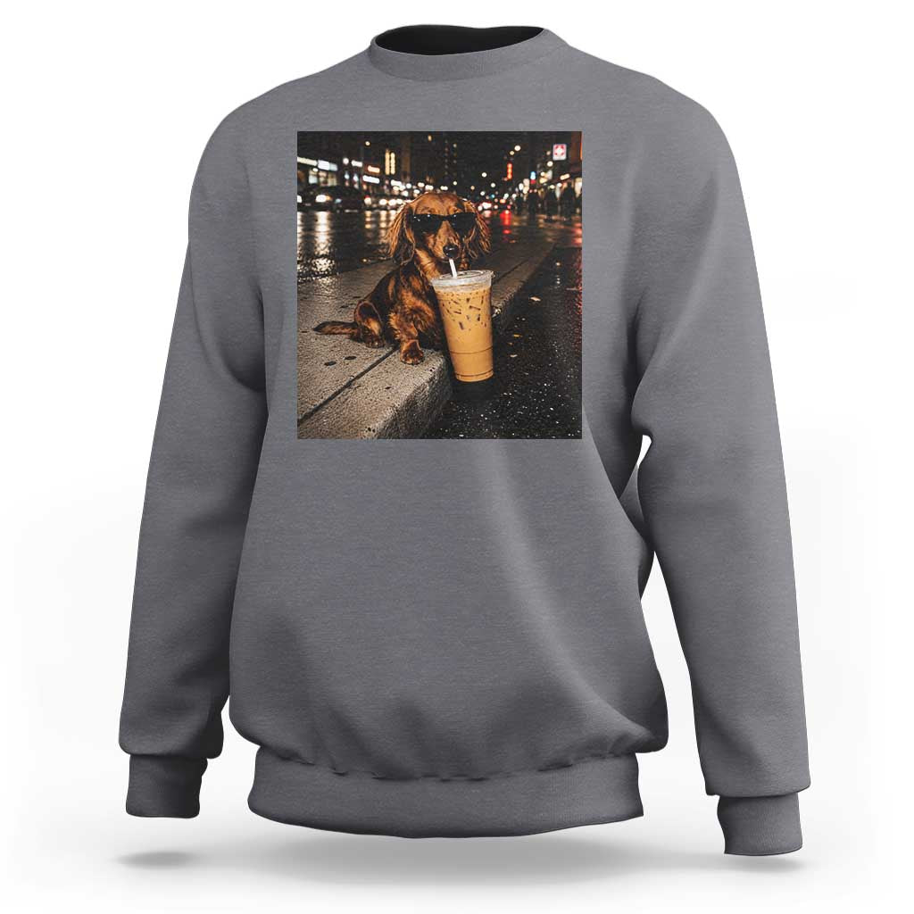 Dachshund Iced Coffee Sweatshirt Grunge Meme Graphic Funny Weiner Dog Lovers Dad