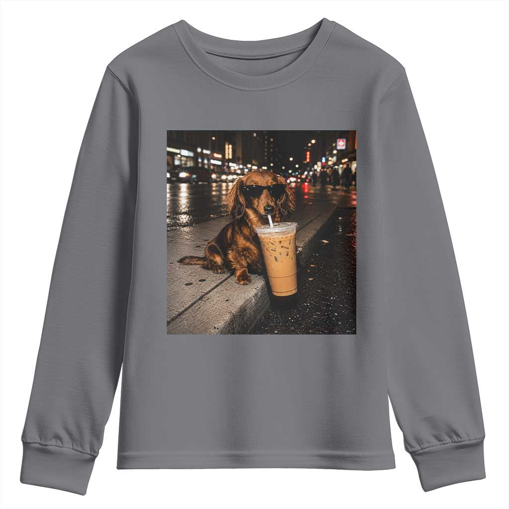 Dachshund Iced Coffee Youth Sweatshirt Grunge Meme Graphic Funny Weiner Dog Lovers Dad