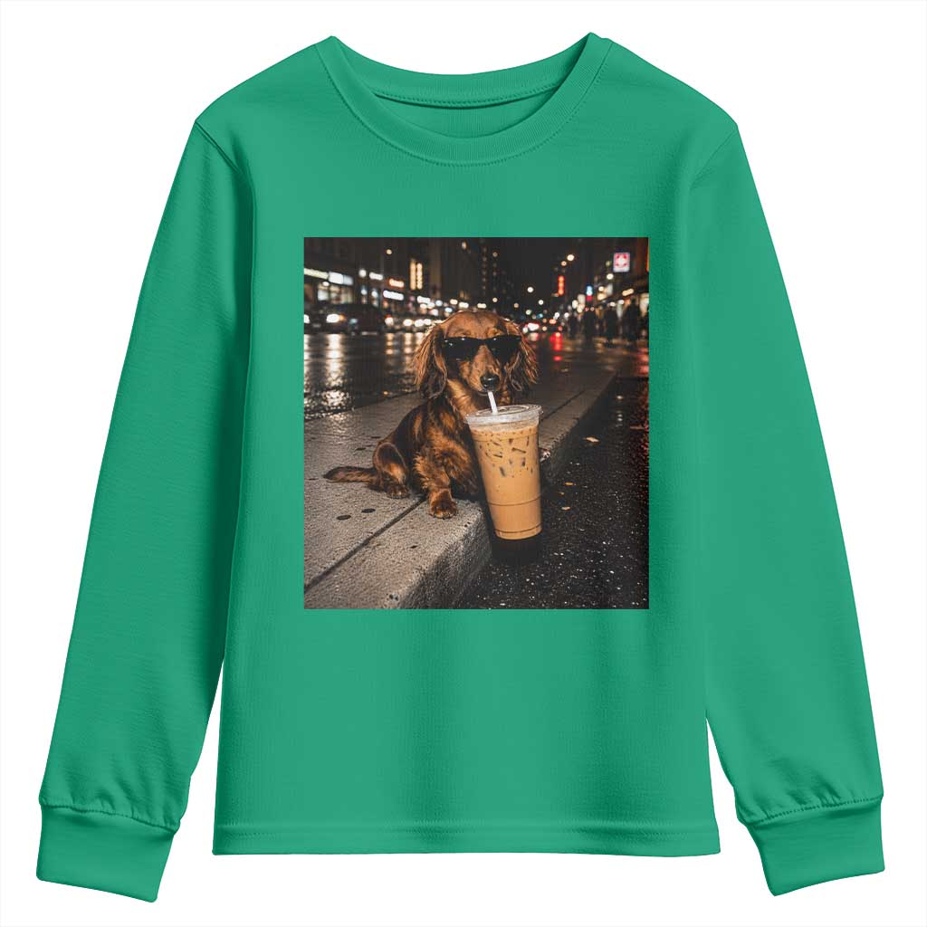 Dachshund Iced Coffee Youth Sweatshirt Grunge Meme Graphic Funny Weiner Dog Lovers Dad