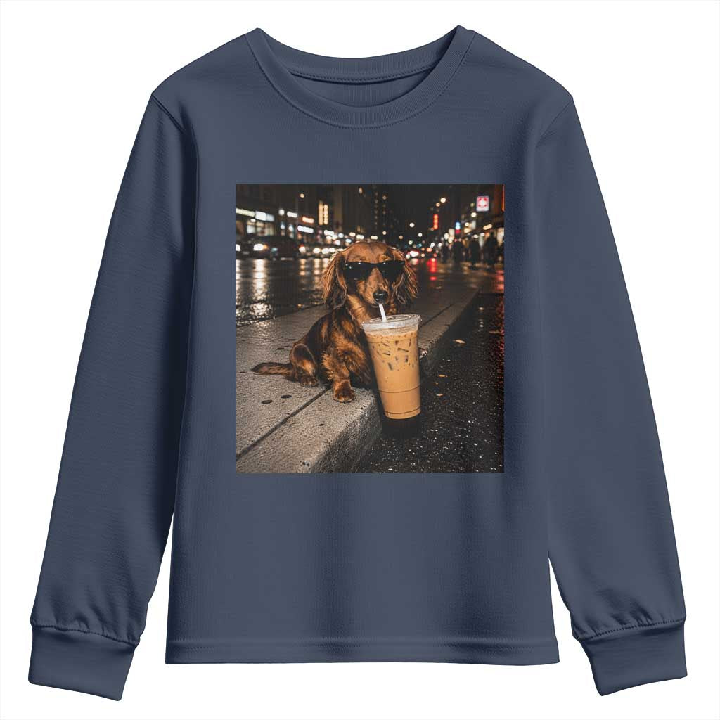 Dachshund Iced Coffee Youth Sweatshirt Grunge Meme Graphic Funny Weiner Dog Lovers Dad