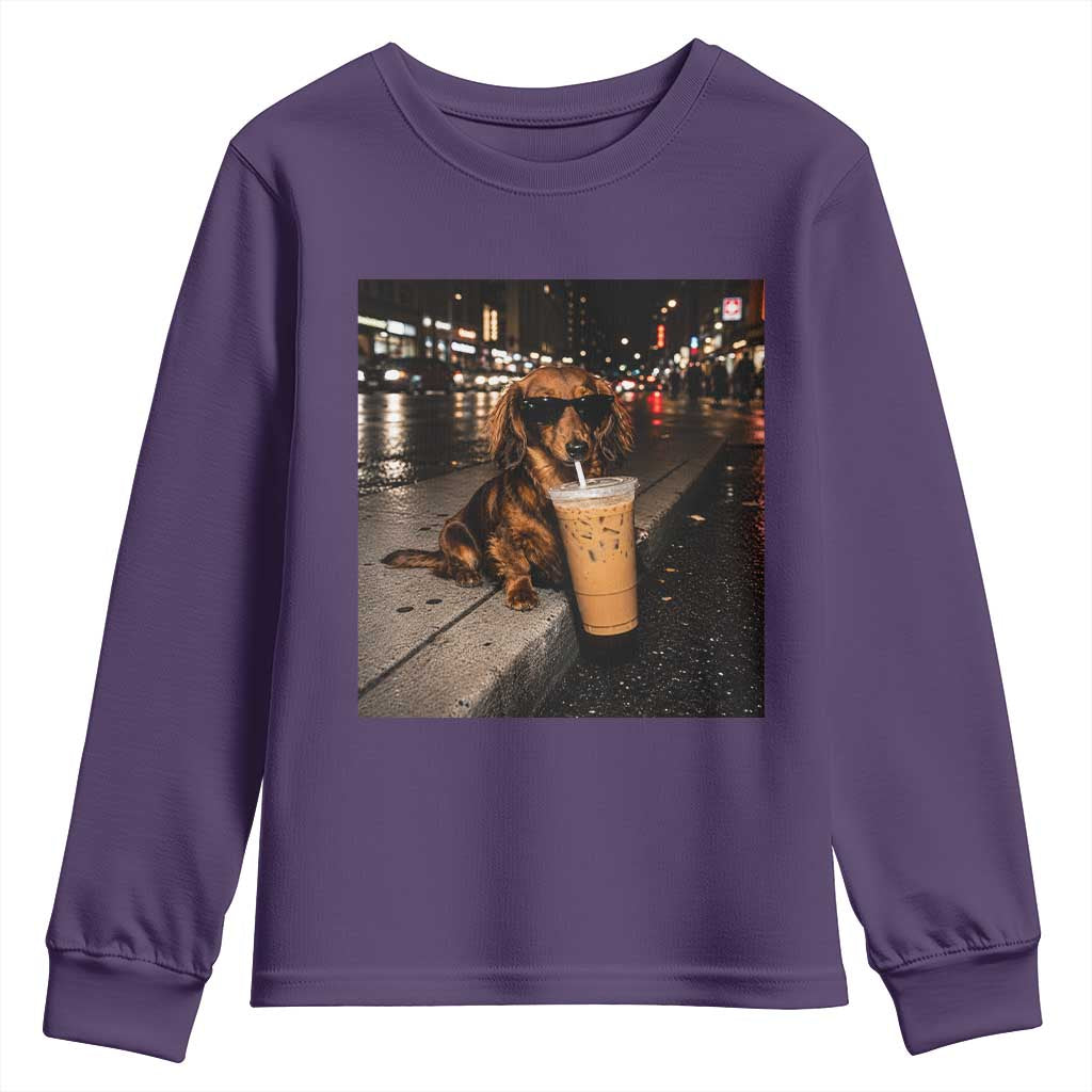 Dachshund Iced Coffee Youth Sweatshirt Grunge Meme Graphic Funny Weiner Dog Lovers Dad