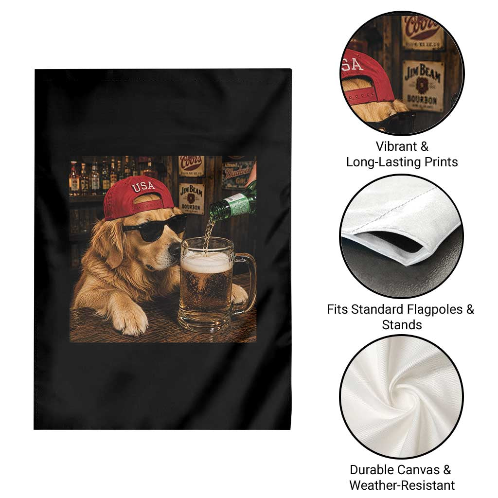 Funny Golden Retriever Drinking Beer Garden Flag Silly Dog Meme Graphic Sarcastic Gift