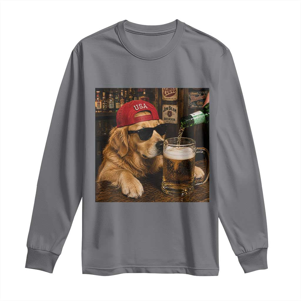 Funny Golden Retriever Drinking Beer Long Sleeve Shirt Silly Dog Meme Graphic Sarcastic Gift