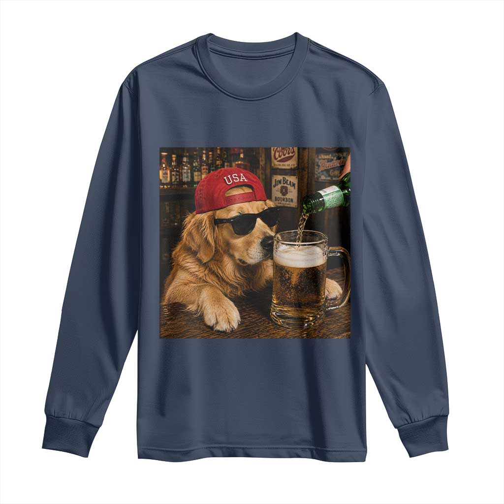 Funny Golden Retriever Drinking Beer Long Sleeve Shirt Silly Dog Meme Graphic Sarcastic Gift
