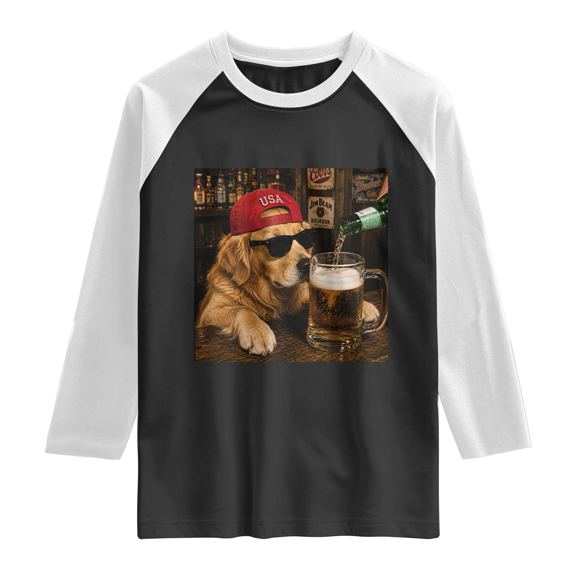 Funny Golden Retriever Drinking Beer Raglan Shirt Silly Dog Meme Graphic Sarcastic Gift
