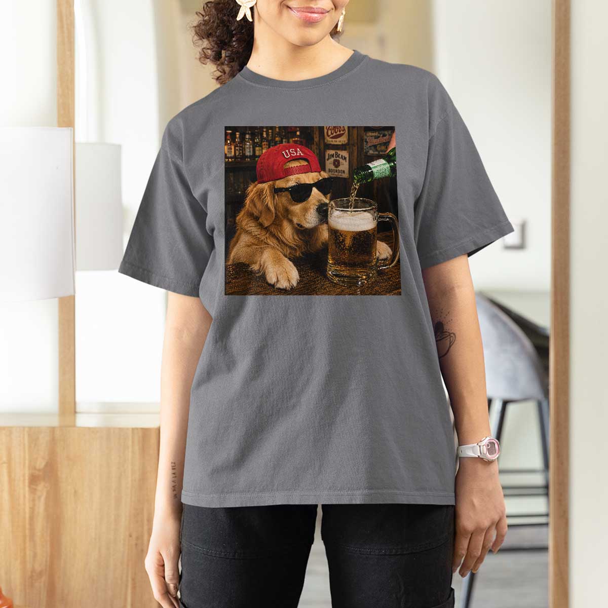 Funny Golden Retriever Drinking Beer T Shirt For Women Silly Dog Meme Graphic Sarcastic Gift