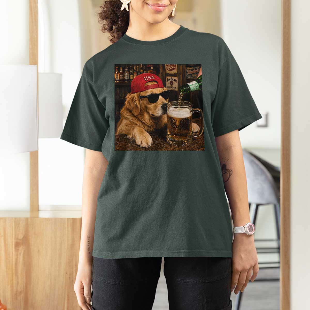 Funny Golden Retriever Drinking Beer T Shirt For Women Silly Dog Meme Graphic Sarcastic Gift